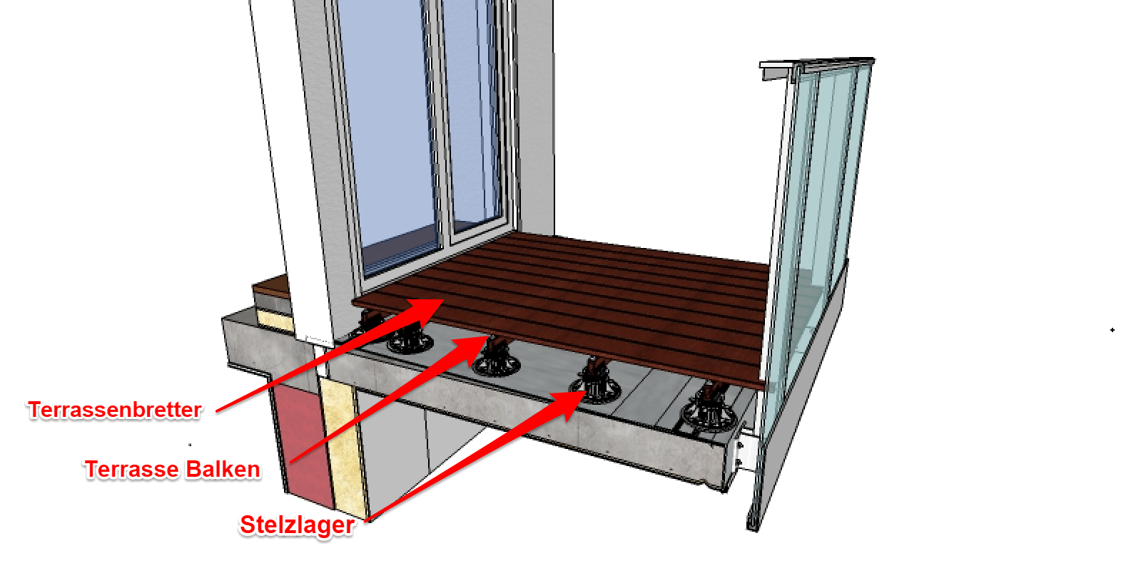 Ein Beispiel für eine erhöhte belüftete Terrasse mit verstellbaren Stelzlager auf ebenen Balken verlegt. Auf ebenen Balken befinden sich Bretter in der entsprechenden Höhe in Bezug auf den Boden im Raum. Die Terrasse steht auf dem Boden mit einem Hang zur Wasserableitung.