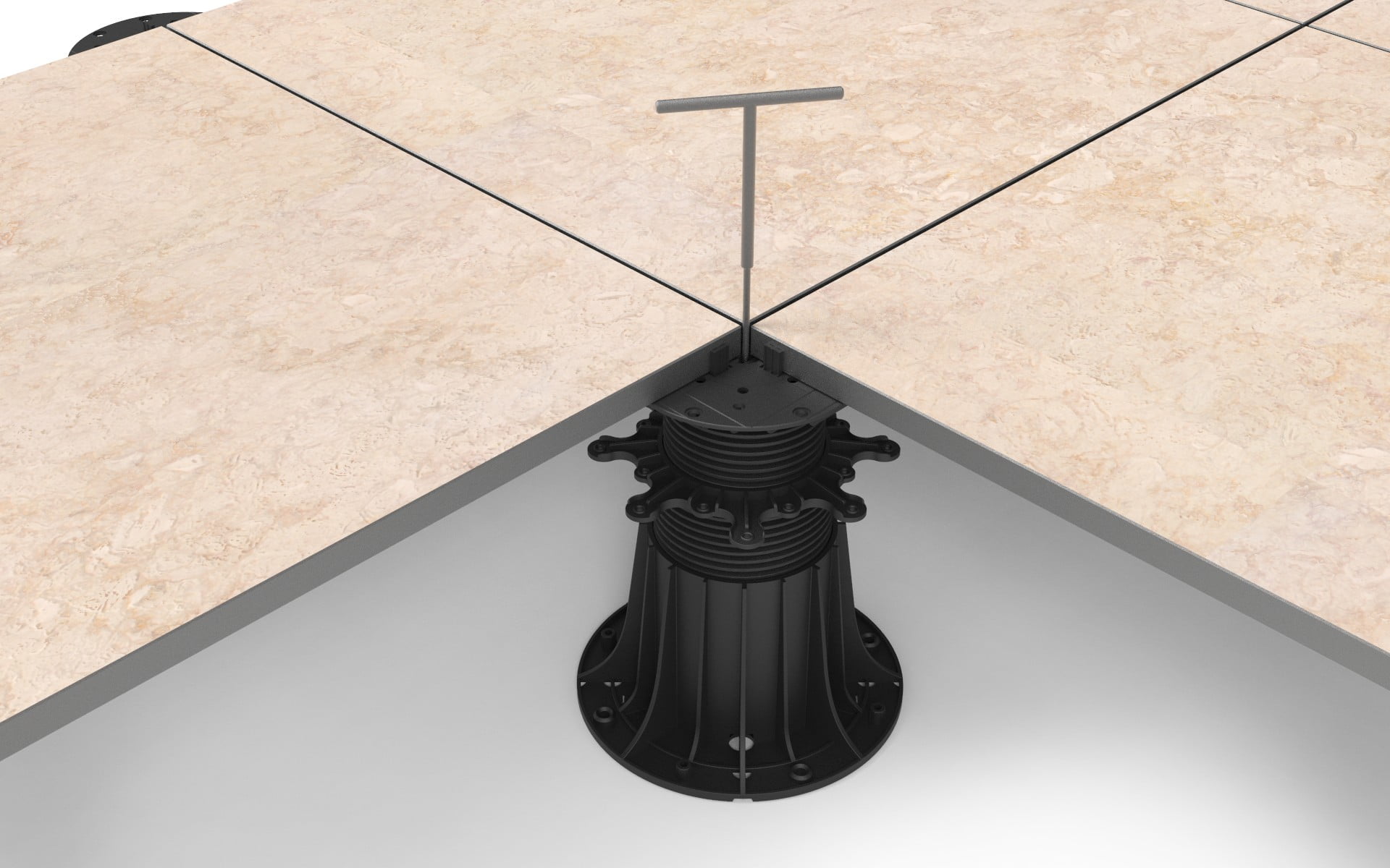 height adjustment of the tiles on the adjustable pedestals after the terrace is installed